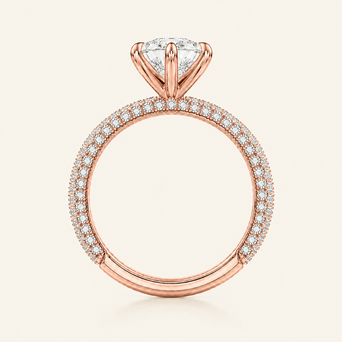 Anillo Pavé Trío Diamante Pera en oro rosado, vista de perfil