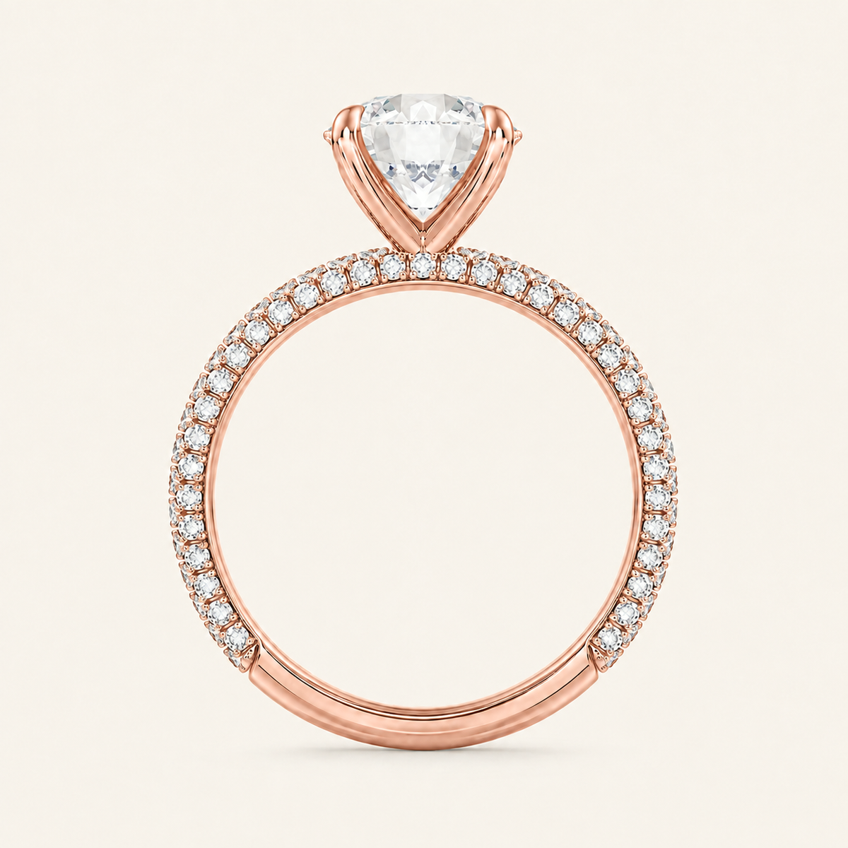 Anillo Pavé Trío Diamante Redondo en oro rosado, vista de perfil
