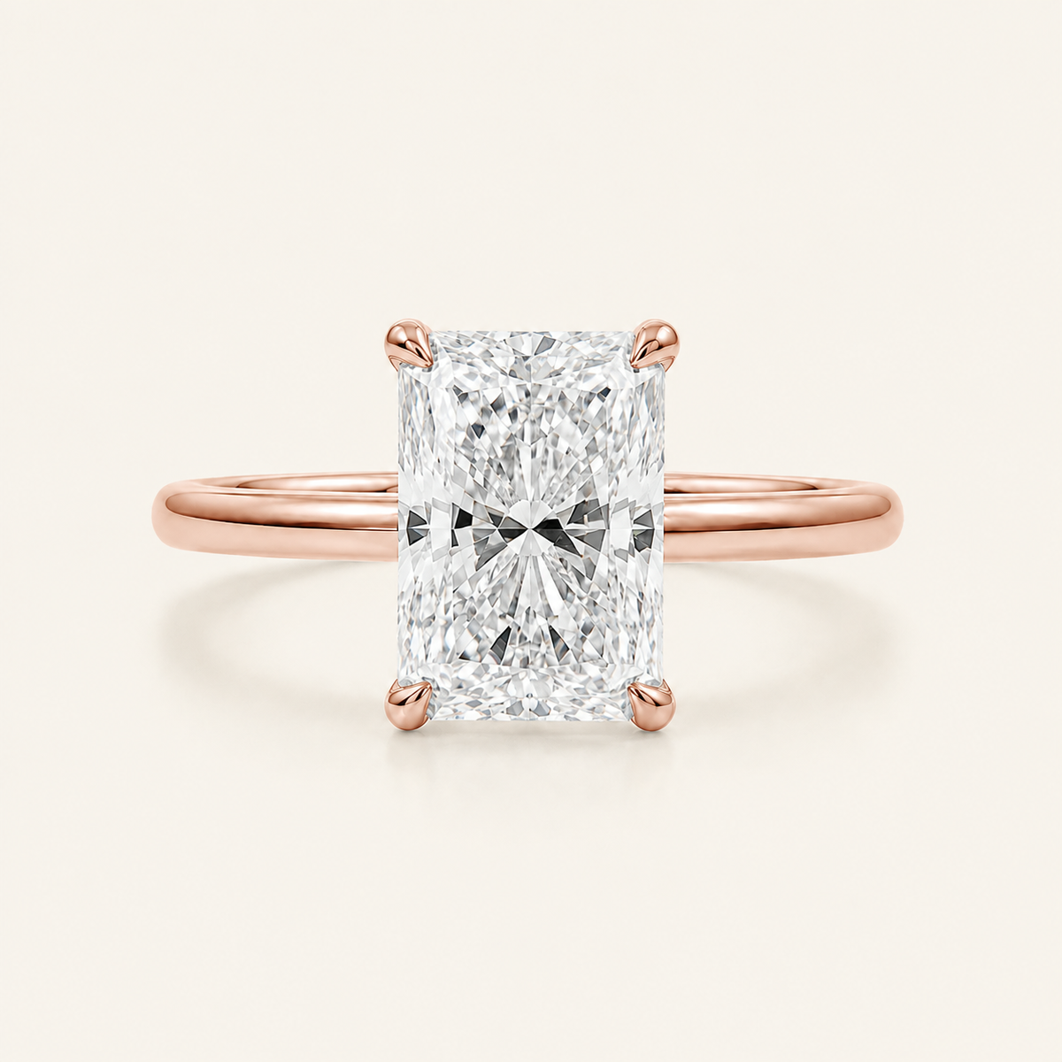 Anillo Pavé En Puntas Diamante Radiante en oro rosado, vista frontal