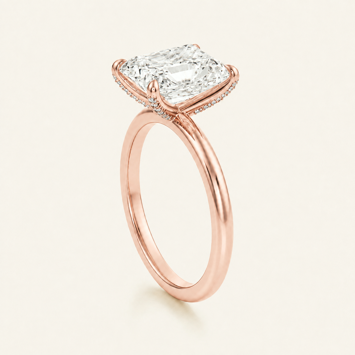 Anillo Pavé En Puntas Diamante Radiante en oro rosado, vista tres cuartos