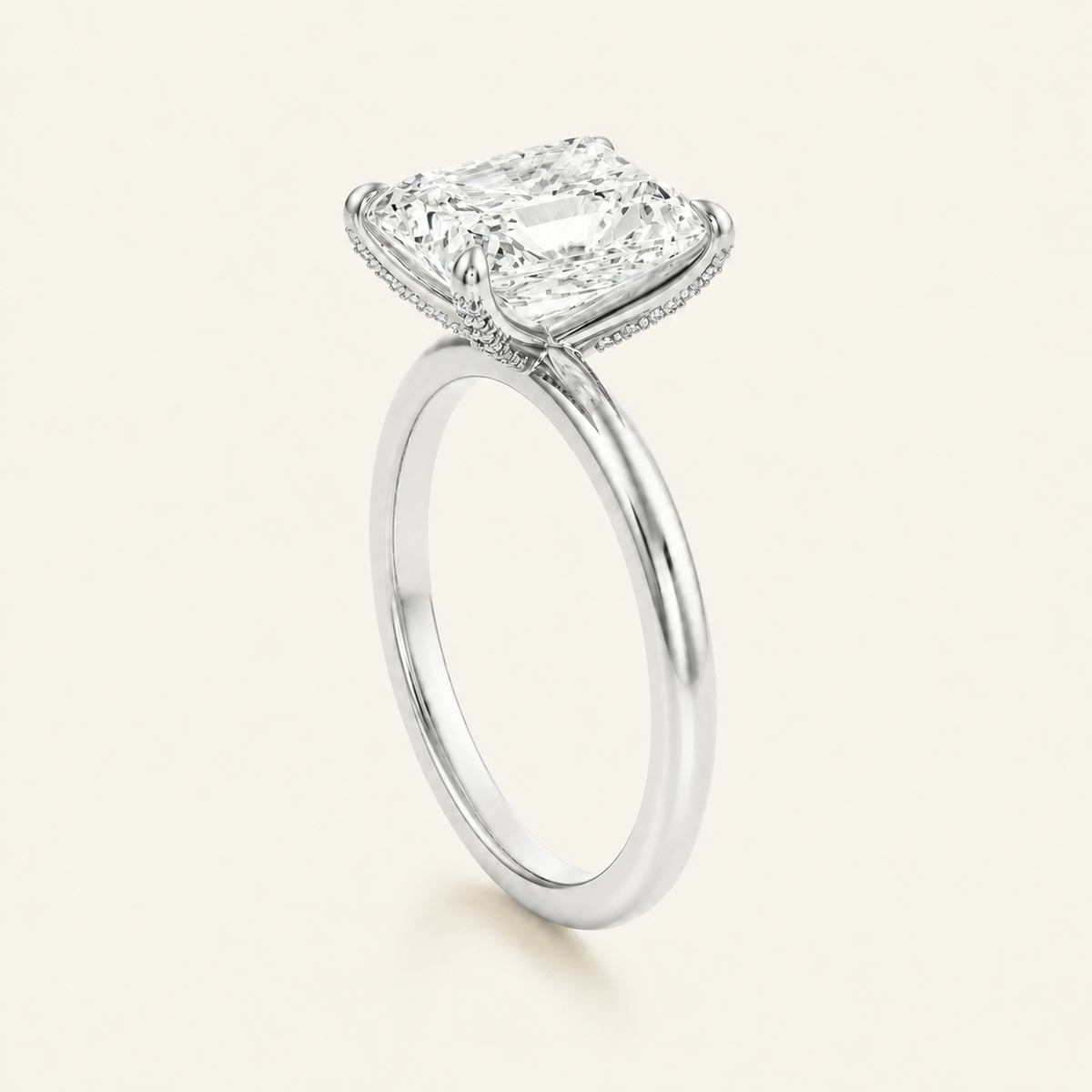 Anillo Pavé En Puntas Diamante Radiante en oro blanco, vista tres cuartos