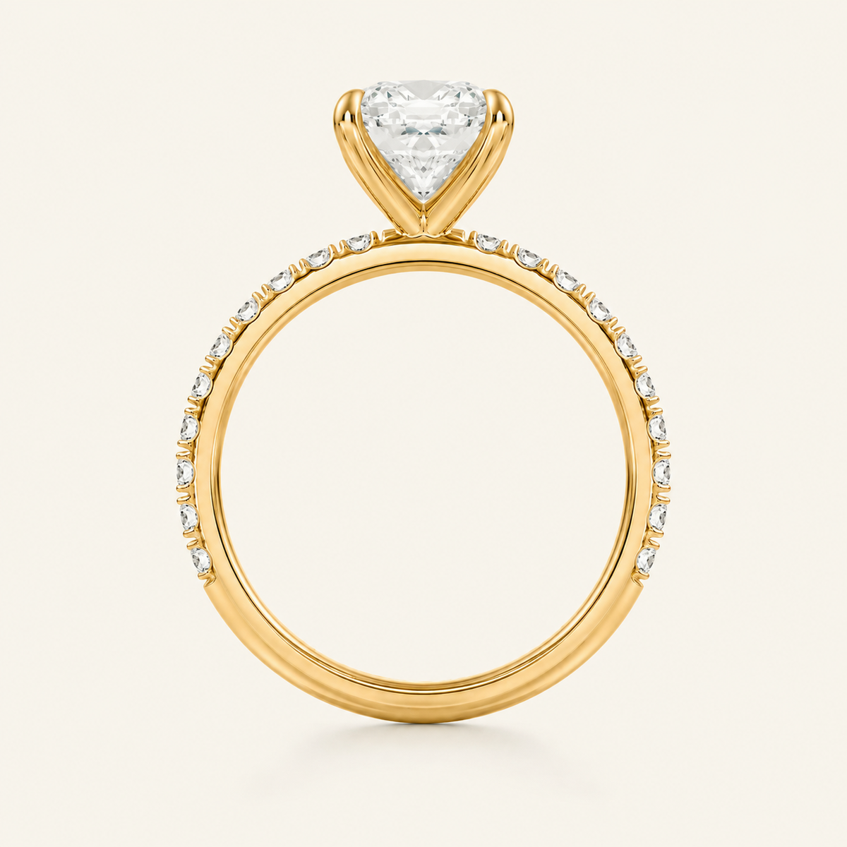 Anillo Pavé Moderno Diamante Cojín en oro amarillo, vista de perfil