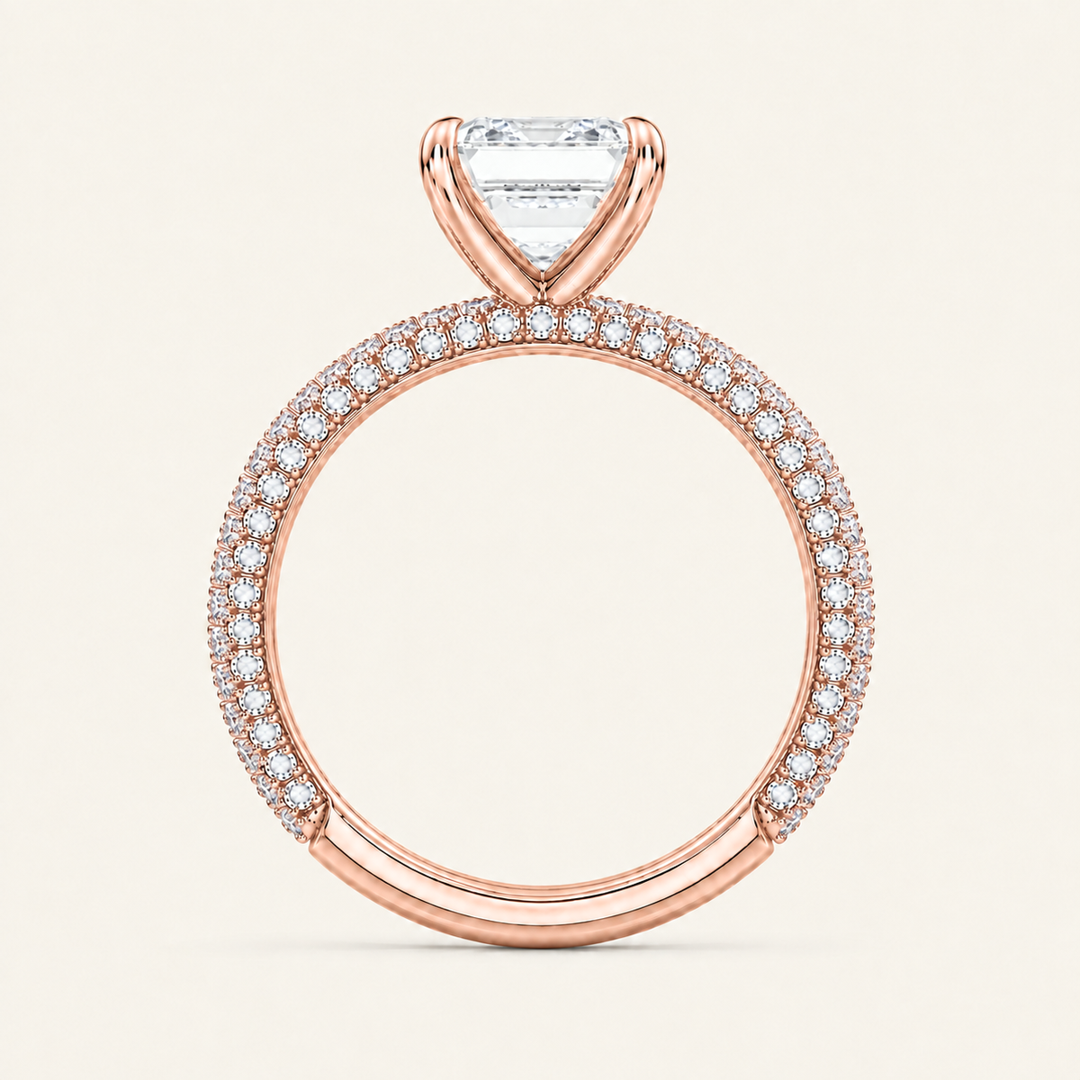 Anillo Pavé Trío Diamante Esmeralda en oro rosado, vista de perfil