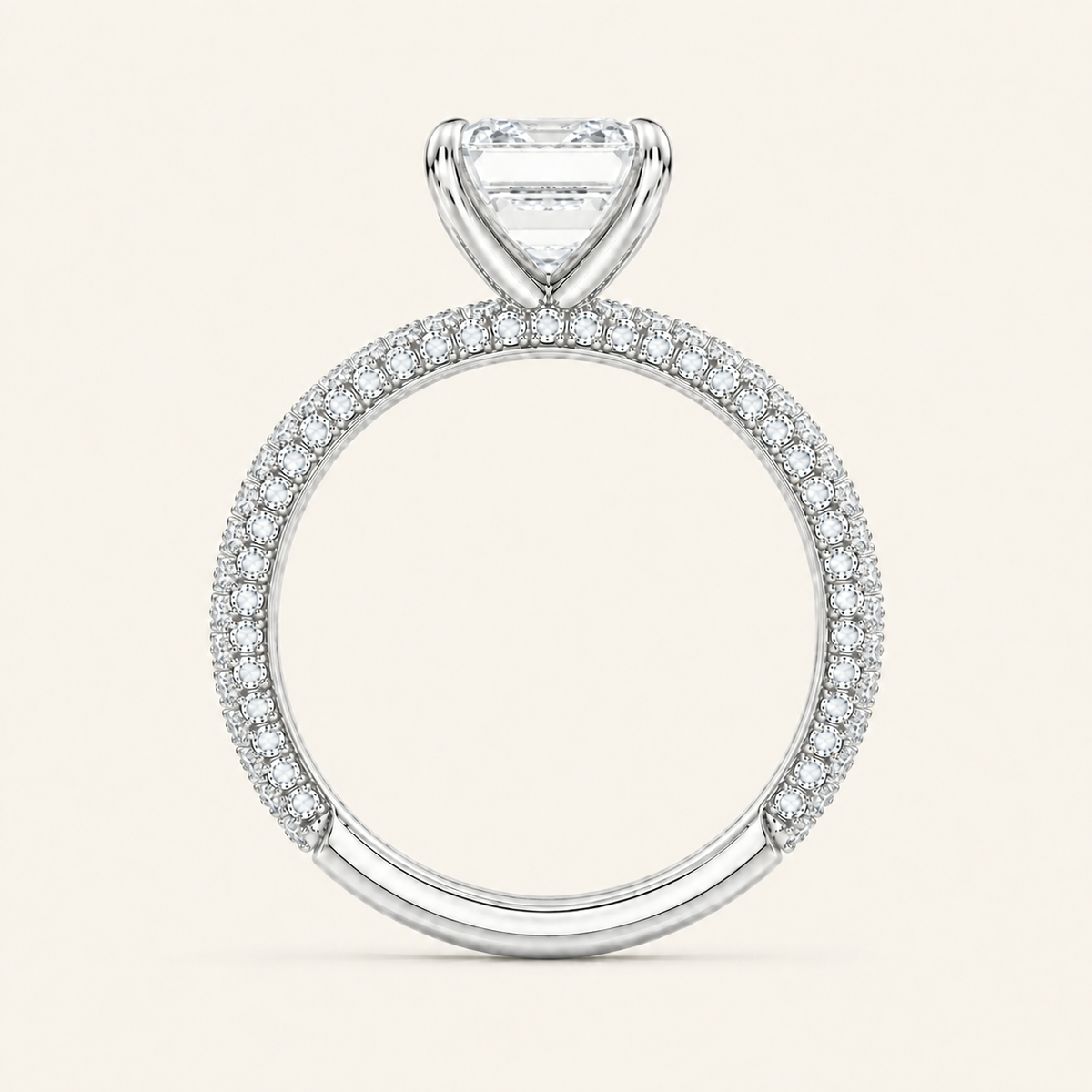 Anillo Pavé Trío Diamante Esmeralda en oro blanco, vista de perfil