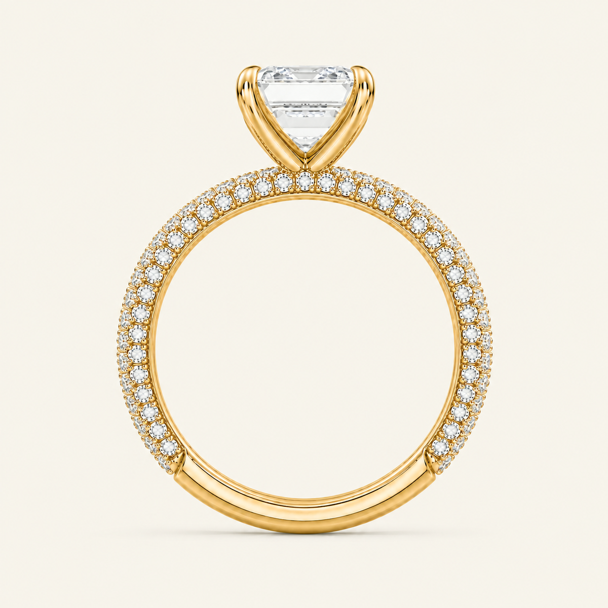 Anillo Pavé Trío Diamante Esmeralda en oro amarillo, vista de perfil