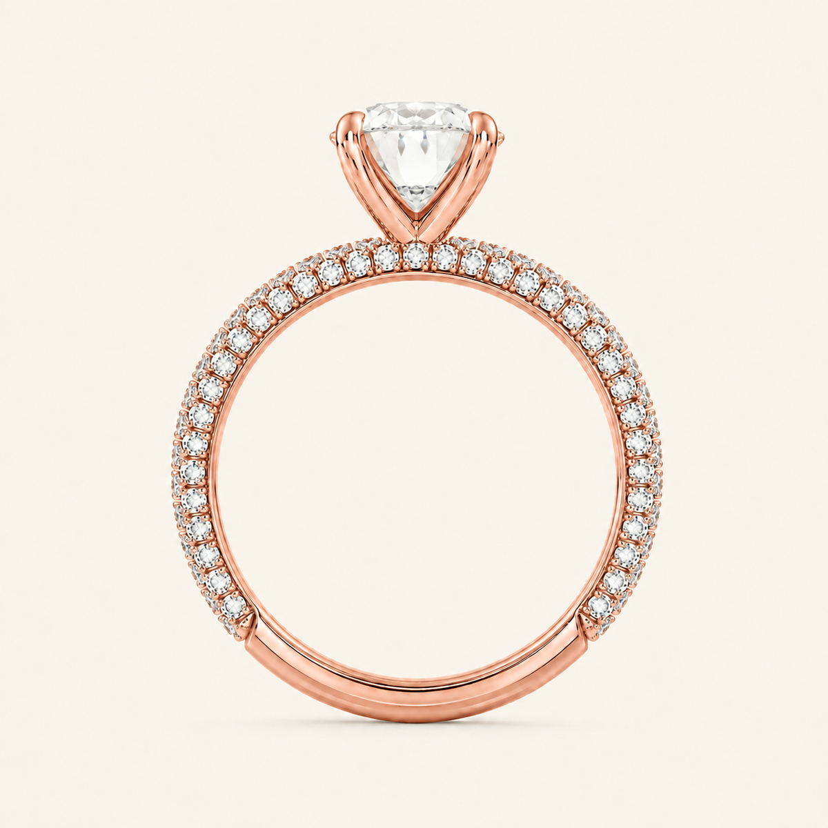 Anillo Pavé Trío Diamante Óvalo en oro rosado, vista de perfil