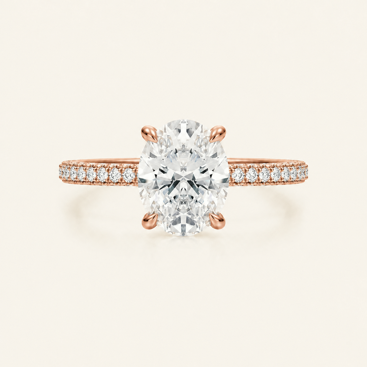 Anillo Pavé Trío Diamante Óvalo en oro rosado, vista frontal