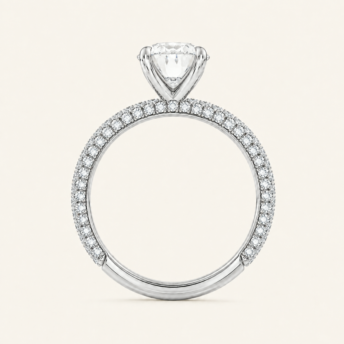 Anillo Pavé Trío Diamante Óvalo en oro blanco, vista de perfil