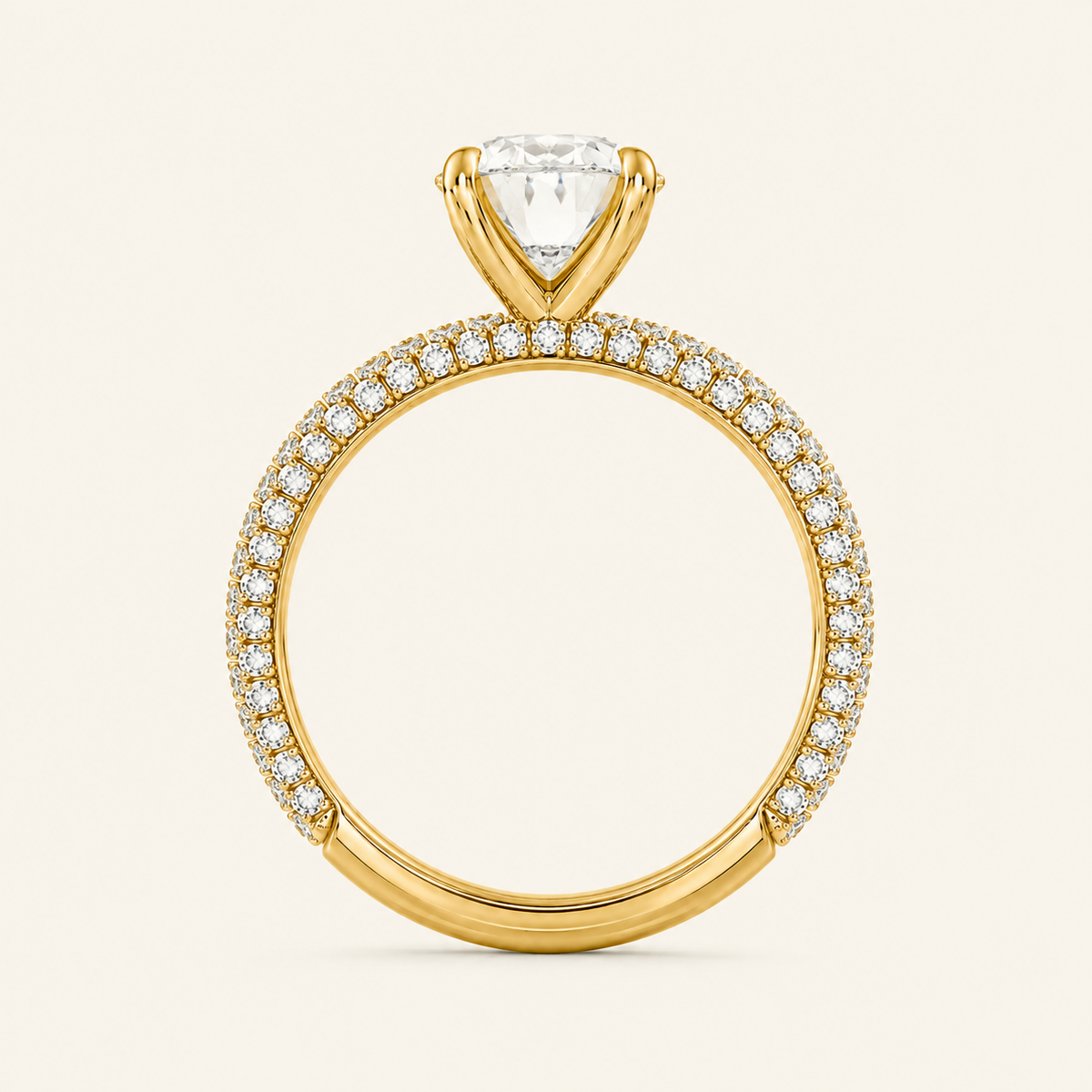Anillo Pavé Trío Diamante Óvalo en oro amarillo, vista de perfil