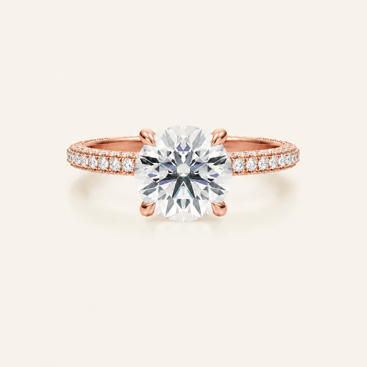 Anillo Pavé Trío Diamante Redondo en oro rosado, vista frontal