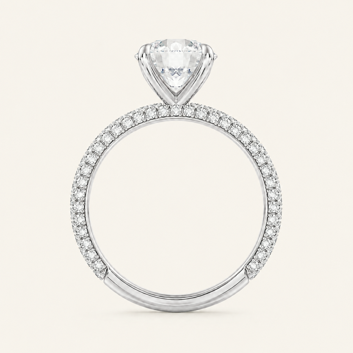 Anillo Pavé Trío Diamante Redondo en oro blanco, vista de perfil