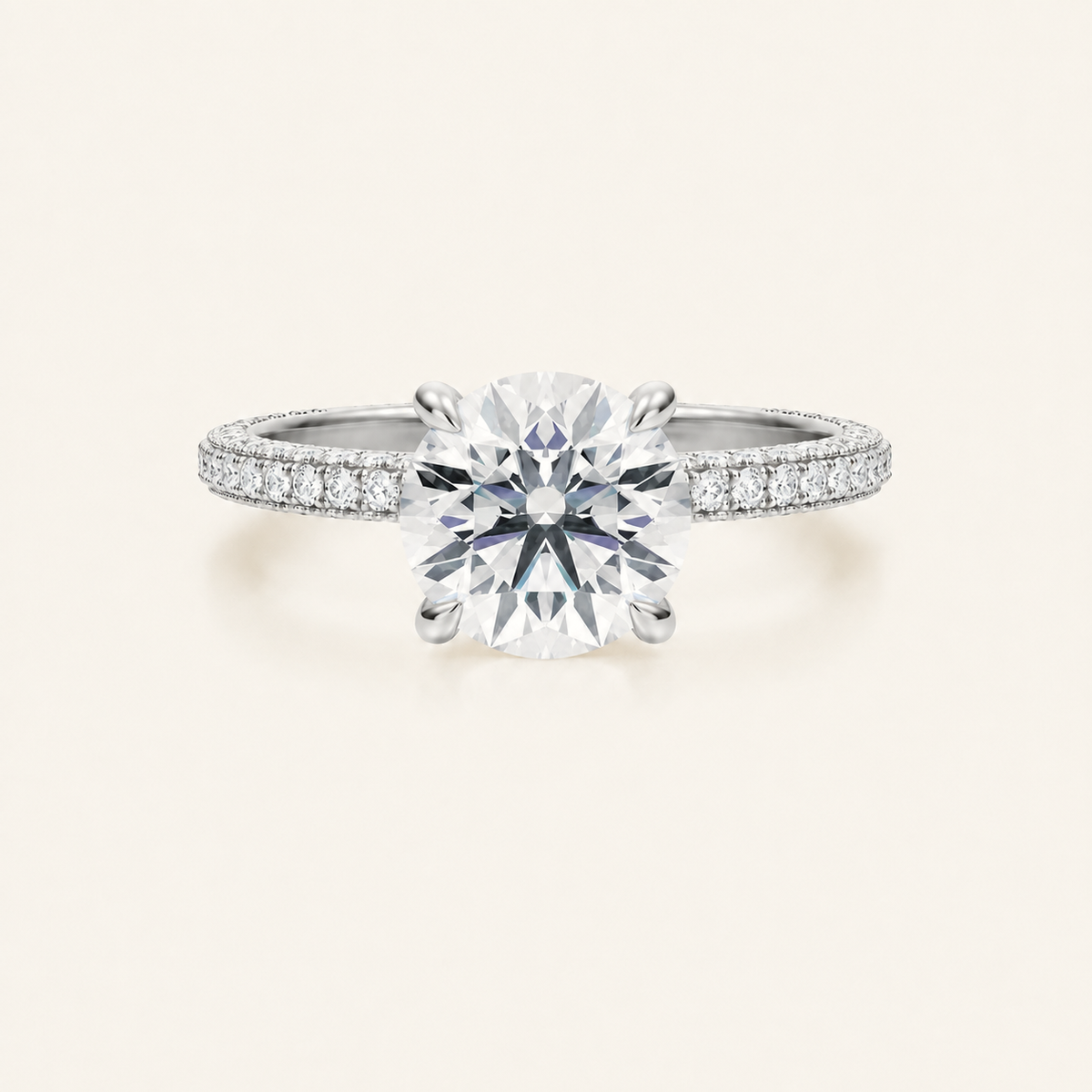 Anillo Pavé Trío Diamante Redondo en oro blanco, vista frontal