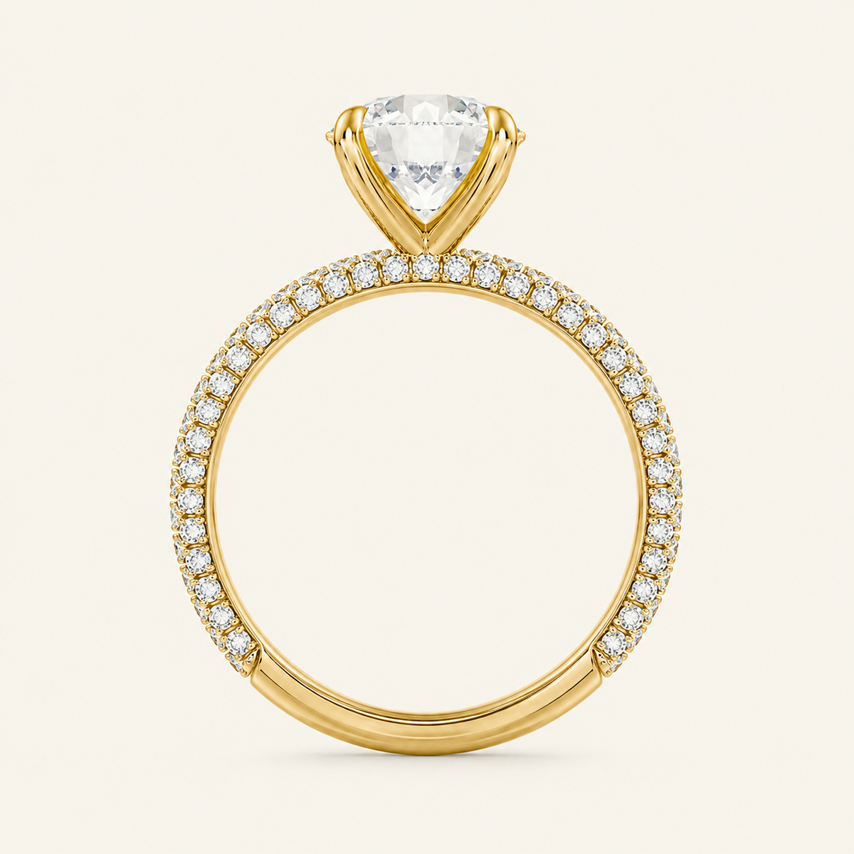 Anillo Pavé Trío Diamante Redondo en oro amarillo, vista de perfil
