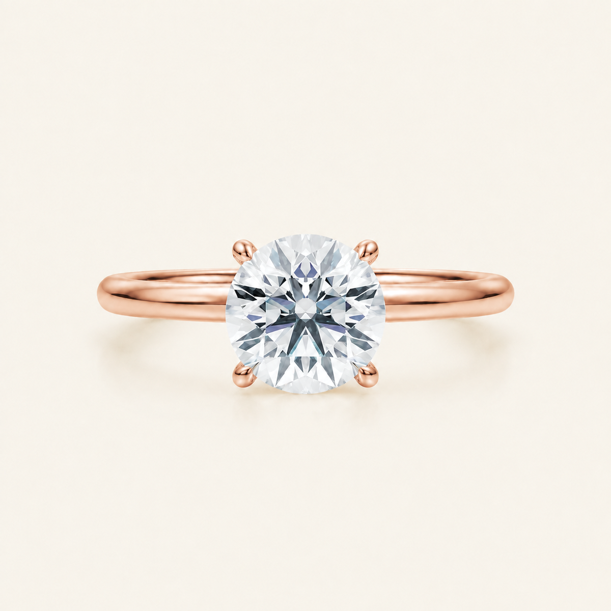 Anillo Solitario Clásico Diamante Redondo en oro rosado, vista frontal
